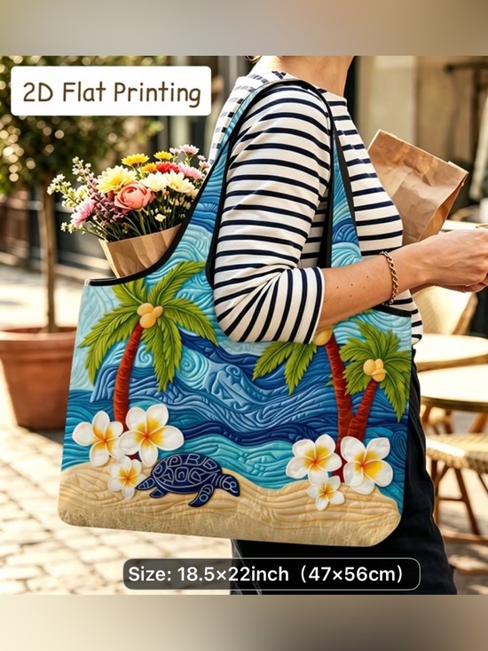 Handbags - Tropical Beach Palm Quilted Print Tote Bag - Blue